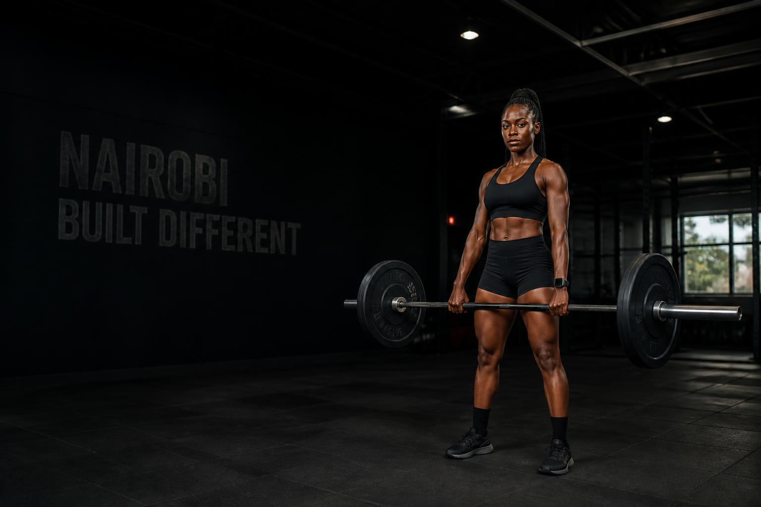 Confident Kenyan athlete holding a barbell in a modern gym